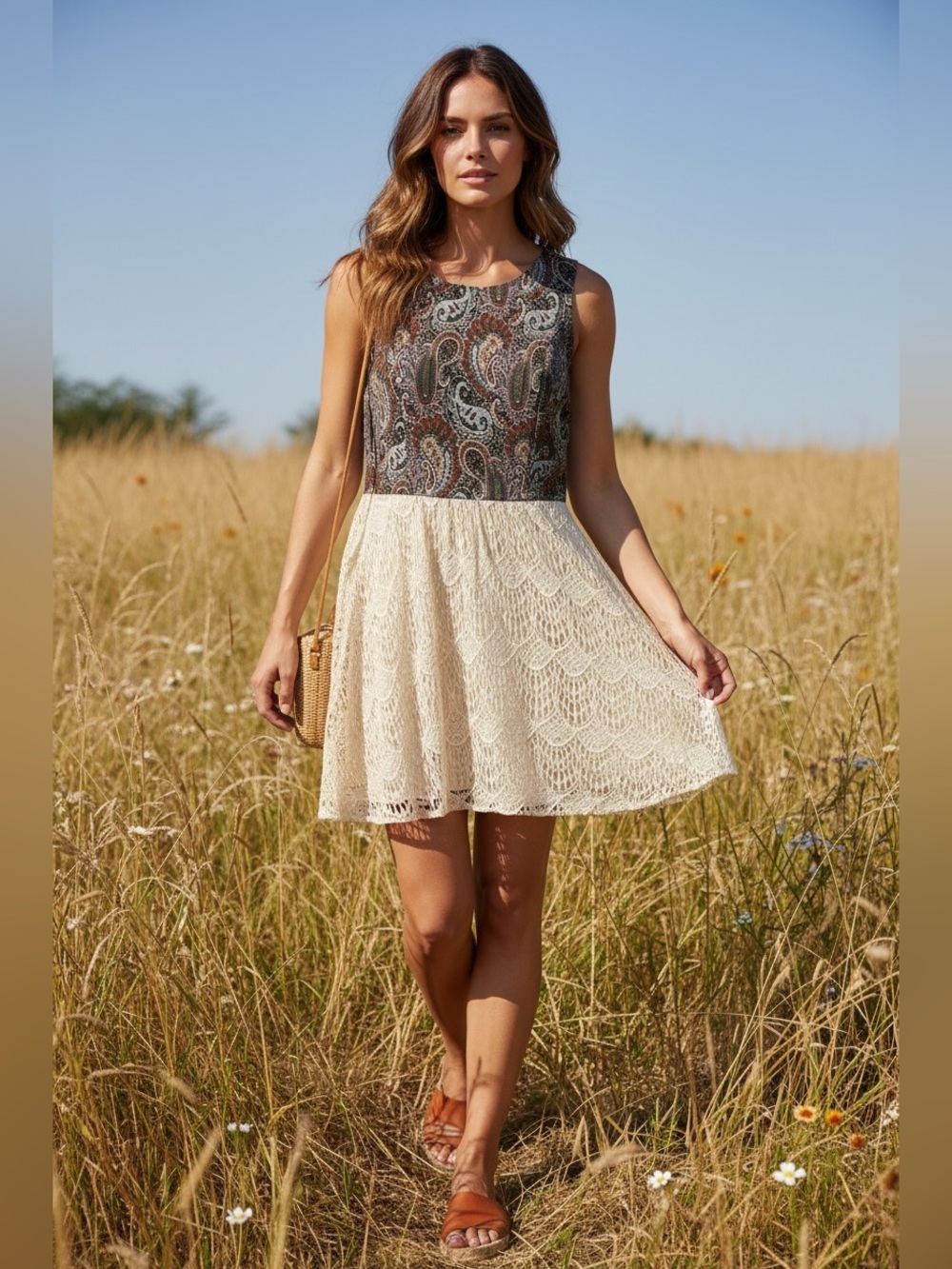 Flying Tomato Paisley Bodice Cream Lace Dress